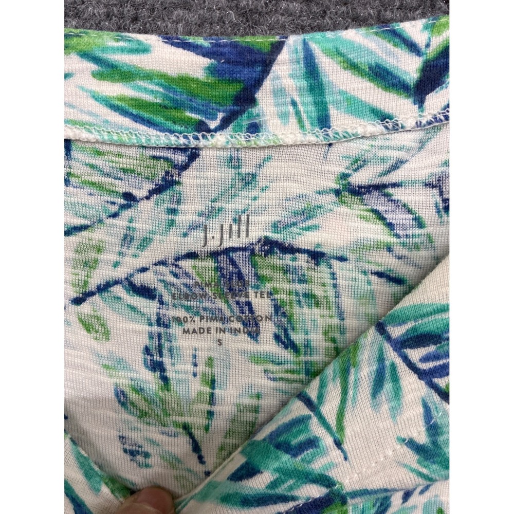 Linen J. Jill Pima Cotton Elbow Sleeve Tee Green Blue Palm Leaf Print Small - Picture 2 of 5
